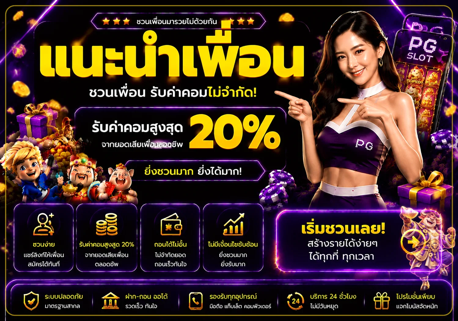โปรแนะนำเพื่อน hihi168 โทนม่วงทองพร้อมมาสคอต PG Soft